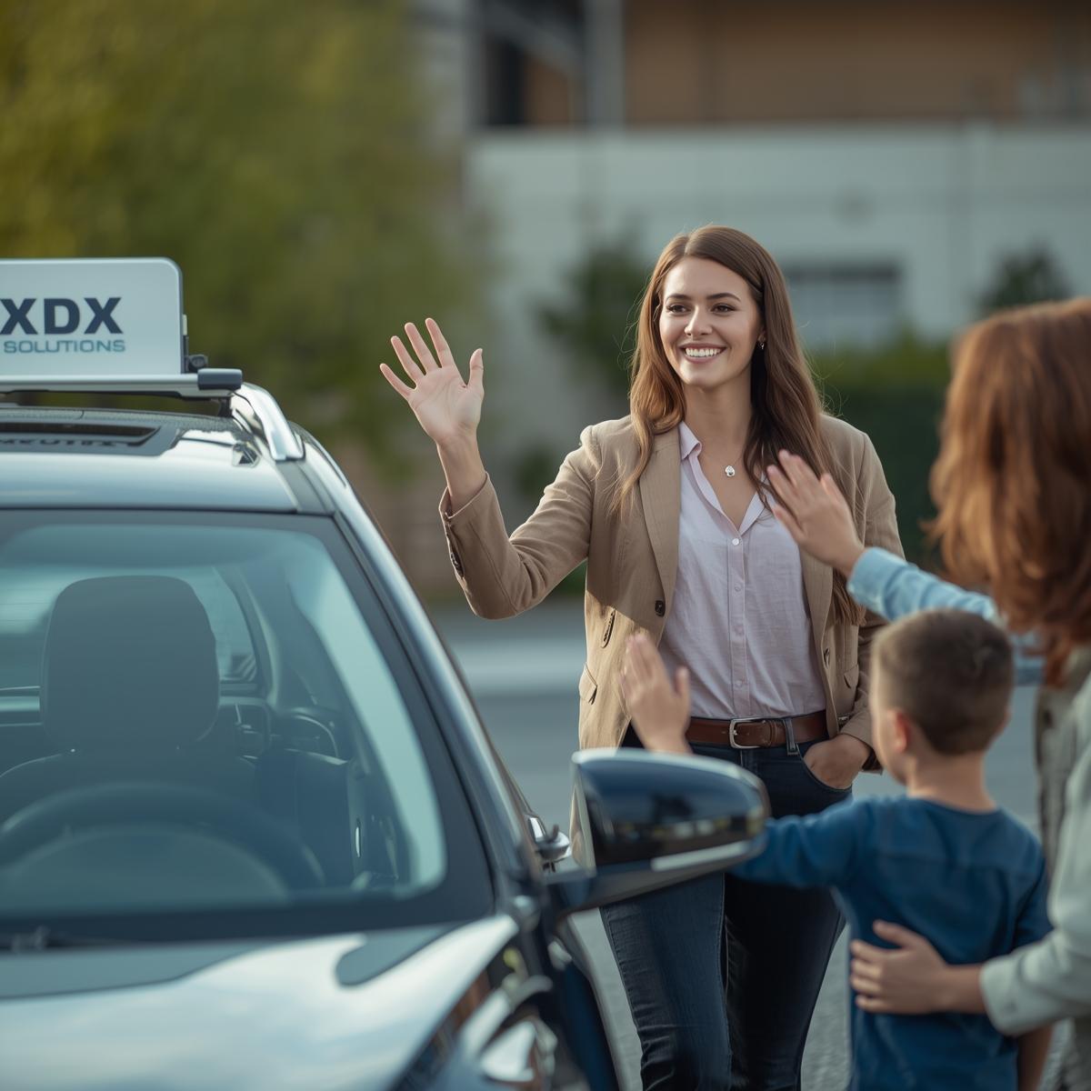 Conductora de xdx Solutions saludando a una familia